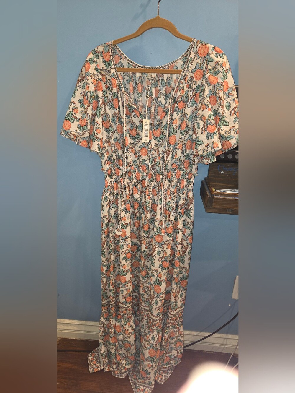 Max Studio Peach and Green Floral Maxi Dress on Cream Sz L